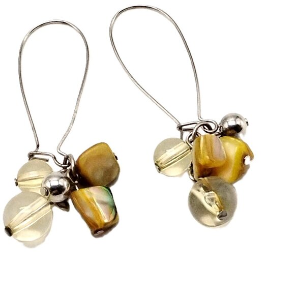 Artisan Clear Glass Bead & MOP Shell Cluster Dangle Earrings with Latch Wires - Picture 8 of 13